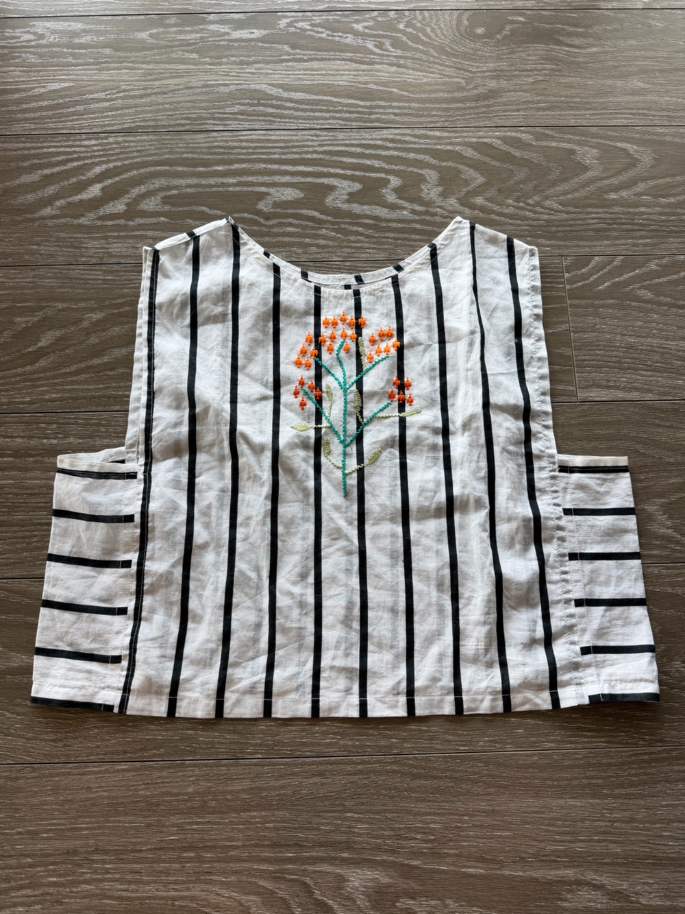 Striped Black & White Women’s Dress with Orange Floral Embroidery (no brand)